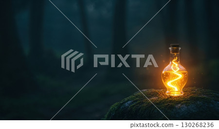 An elegant glass potion bottle filled with a bright golden swirling liquid glows mysteriously on a mossy rock in a dark, enchanted forest. 130268236