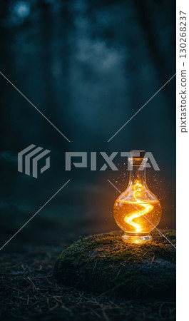 A magical glowing potion bottle with a swirling golden light inside sits on a mossy rock in a dark, mysterious forest with atmospheric haze and subtle light rays. A magical glowing potion bottle with a swirling golden light inside sits on a mossy rock in a dark, mysterious forest with atmospheric haze and subtle light rays. 130268237
