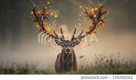 A majestic stag with impressive antlers adorned with vibrant autumn leaves and subtle magical sparkles stands in a misty, ethereal natural setting. 130268262
