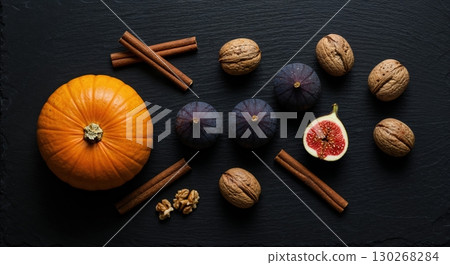 A vibrant orange pumpkin, dark purple figs, whole walnuts, and cinnamon sticks are artfully arranged in a top-down flat lay composition on a textured black surface. A vibrant orange pumpkin, dark purple figs, whole walnuts, and cinnamon sticks are artfully arranged in a top-down flat lay composition on a textured black surface. 130268284
