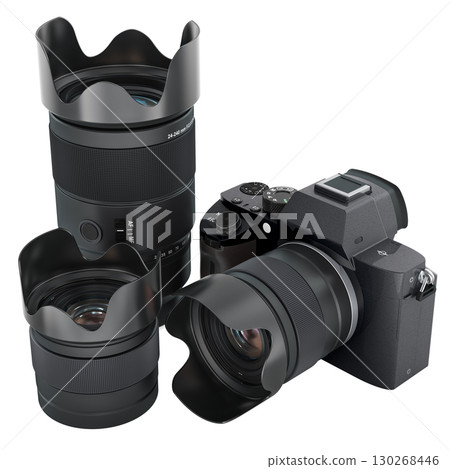 Digital camera and three lenses with petal lens hoods, professional photography equipment, 3D rendering Digital camera and three lenses with petal lens hoods, professional photography equipment, 3D rendering 130268446