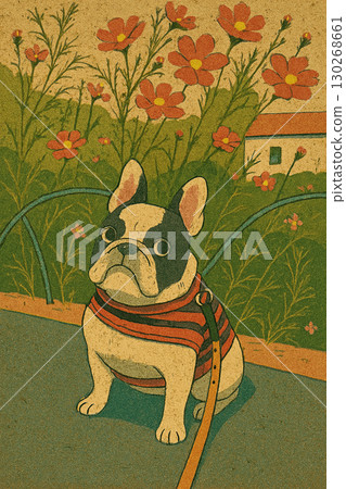 法國鬥牛犬與秋季波斯菊/復古設計 法國鬥牛犬與秋季波斯菊/復古設計 130268661