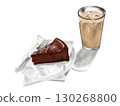Cake and coffee combination: Stylish hand-drawn illustration of chocolate gateau and iced cafe latte 130268800