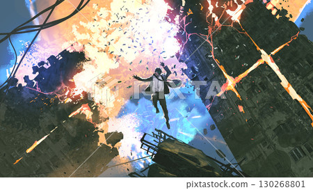 Businessman Falling Amid Exploding Towers 130268801