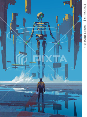 Man Confronting Giant Robotic Entity Man Confronting Giant Robotic Entity 130268803