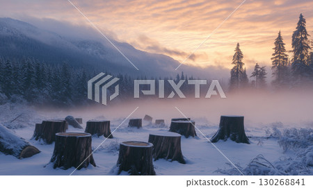 winter landscape trees mountain range sky hues purple 130268841