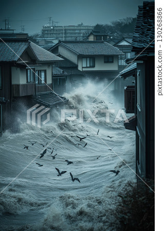 photograph scene wave birds frothy sky atmospheric house 130268866