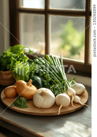 vegetables surface window background variety onions greens closeup 130268894