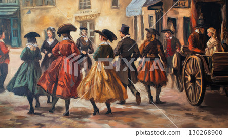 paris street scene 18th century group people horsedrawn 130268900
