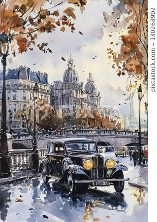 paris watercolor cityscape vintage car city street finish paris watercolor cityscape vintage car city street finish 130268902