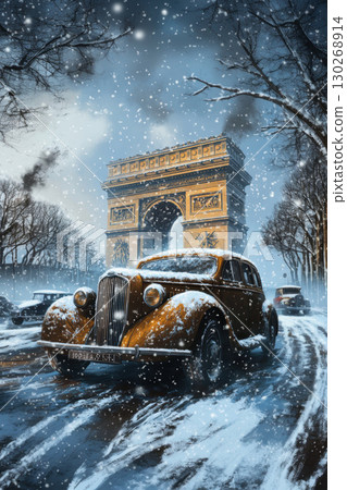 paris portrayal vintage car road triomphe background snowy 130268914