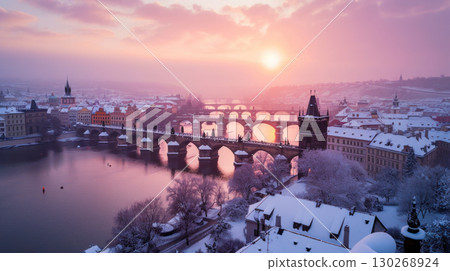 Prague skyline bridge sunrise winter snow rooftop fog 130268924