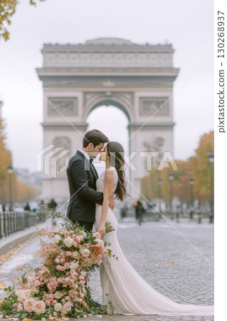 paris bride share tender moment triomphe groom autumn 130268937