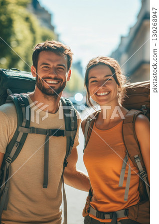paris man city streetwoman daytime backpack walking smiling 130268947