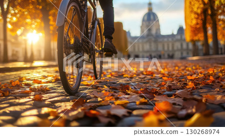 paris person bicycle cobblestone street scene autumn sun 130268974