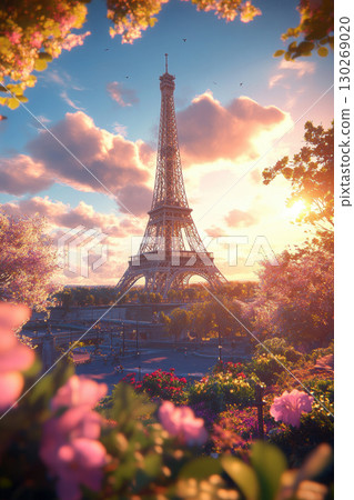 paris portrayal eiffel sunset flowers sky hues clouds 130269020