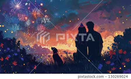 fireworks show dog family New Year Chinese lunar festival 130269024