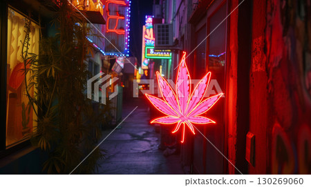 cannabis marijuana city street neon busy store night 130269060