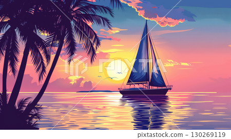 boat sailboat sailing palm tree tropical sunset sunrise vector 130269119