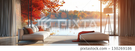 house lake water scenic foliage interior waterfront Fall 130269186