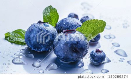 blueberries water droplets surface foreground light surfaces closeup 130269274