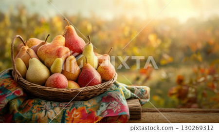 table basket pears garden scene light dawn rustic 130269312
