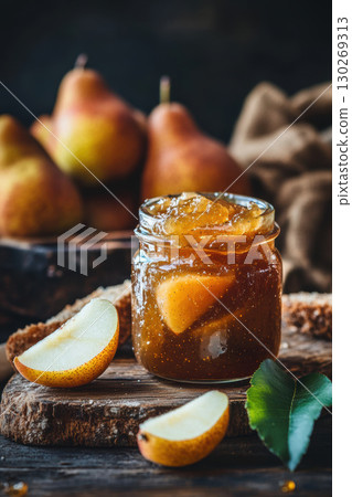 slice surface jar background closeup rustic jam pear 130269313