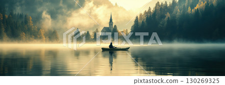 scene figure boat calm church steeple background forest 130269325