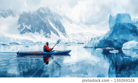 portrayal person water icebergs mountains background kayaking expanse 130269326