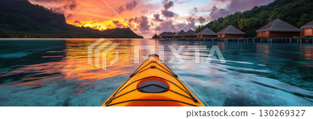 aerial view kayak sunset seascape turquoise waters sky 130269327