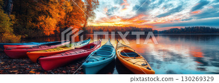 portrayal lake autumn kayaks vivid colorful serene general 130269329