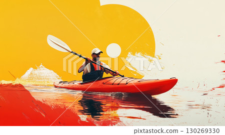 man kayak body water background sun paddling red 130269330
