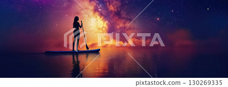 portrayal figure galaxy standup paddleboard standing backdrop vivid 130269335