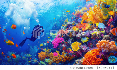 underwater scene diver reef dive coral midscuba featuring 130269341