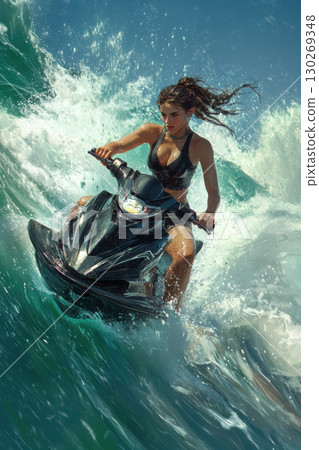 portrayal woman jet ski wave hair motion riding 130269348