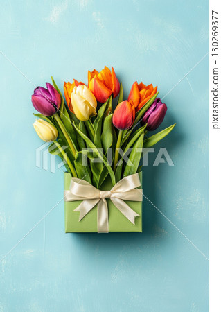 tulips gift turquoise background purple vase bouquet box tulips gift turquoise background purple vase bouquet box 130269377