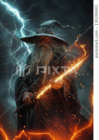 portrayal wizard staff wizards attire hat stormy beard 130269401