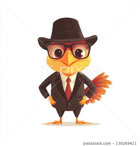 illustration bird suit tie hat glasses shirt brown 130269421