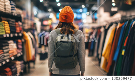 woman mall orange beanie sweater green backpack shopping 130269477