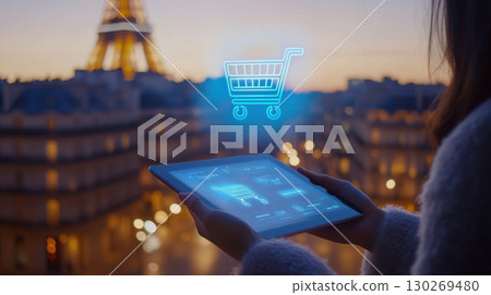 woman cart icon cityscape background sunset digital tablet 130269480