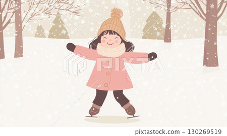 illustration girl ice landscape coat hat snowy stylized 130269519