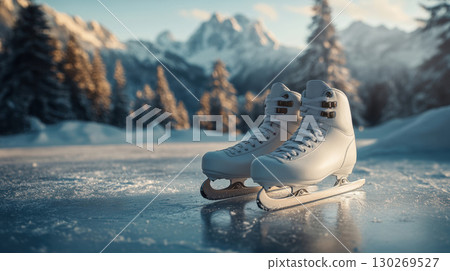 ice skates surface mountains trees closeup shot pair ice skates surface mountains trees closeup shot pair 130269527