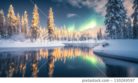 night sky landscape body water aurora borealis snowy 130269597