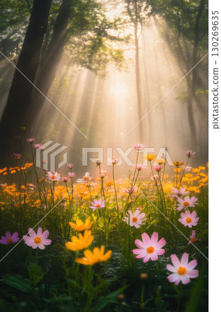 aerial view forest sunlight trees atmosphere tranquil filtering 130269635