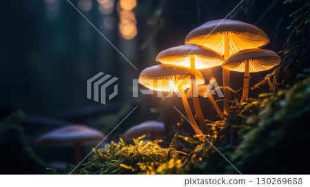 mushrooms forest foliage background floor closeup illuminated setting 130269688
