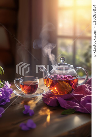 table glass teapot tea window view sunset sunrise 130269814