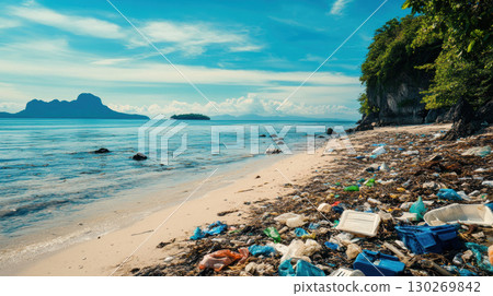 aerial view plastic waste sky calm sea background 130269842