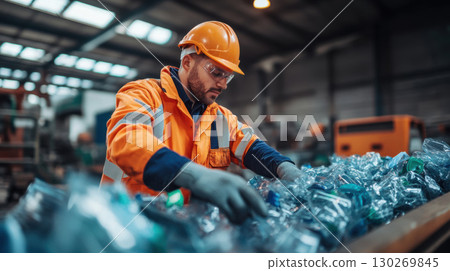 man safety hat plastic bottle warehouse gloves task 130269845