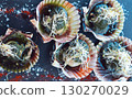 Delicious grilled scallops in shells, fresh seafood with a sause and soy sprouts. 130270029