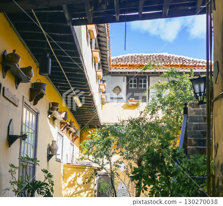 A stylish vintage interior of a house courtyard with yellow walls and small tropical garden in the middle. 130270038